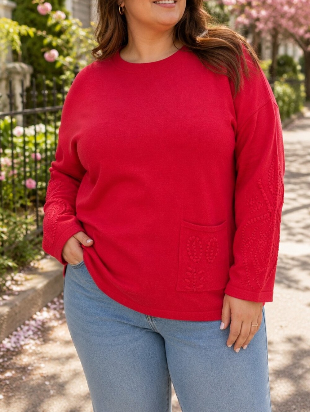 NWT Ness Red Textured Knit Sweater | Floral Sleeve Detail Pocket Pullover Cozy